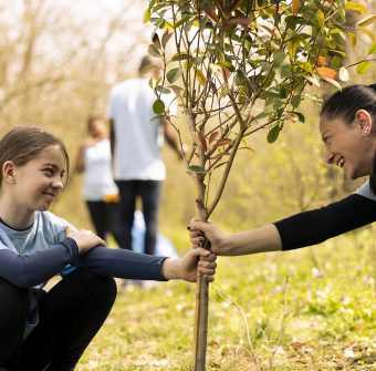 Mother and little girl working together on planting new trees, increasing vegetation and helping with reforestation. Happy people activists contributing to conservation project.
